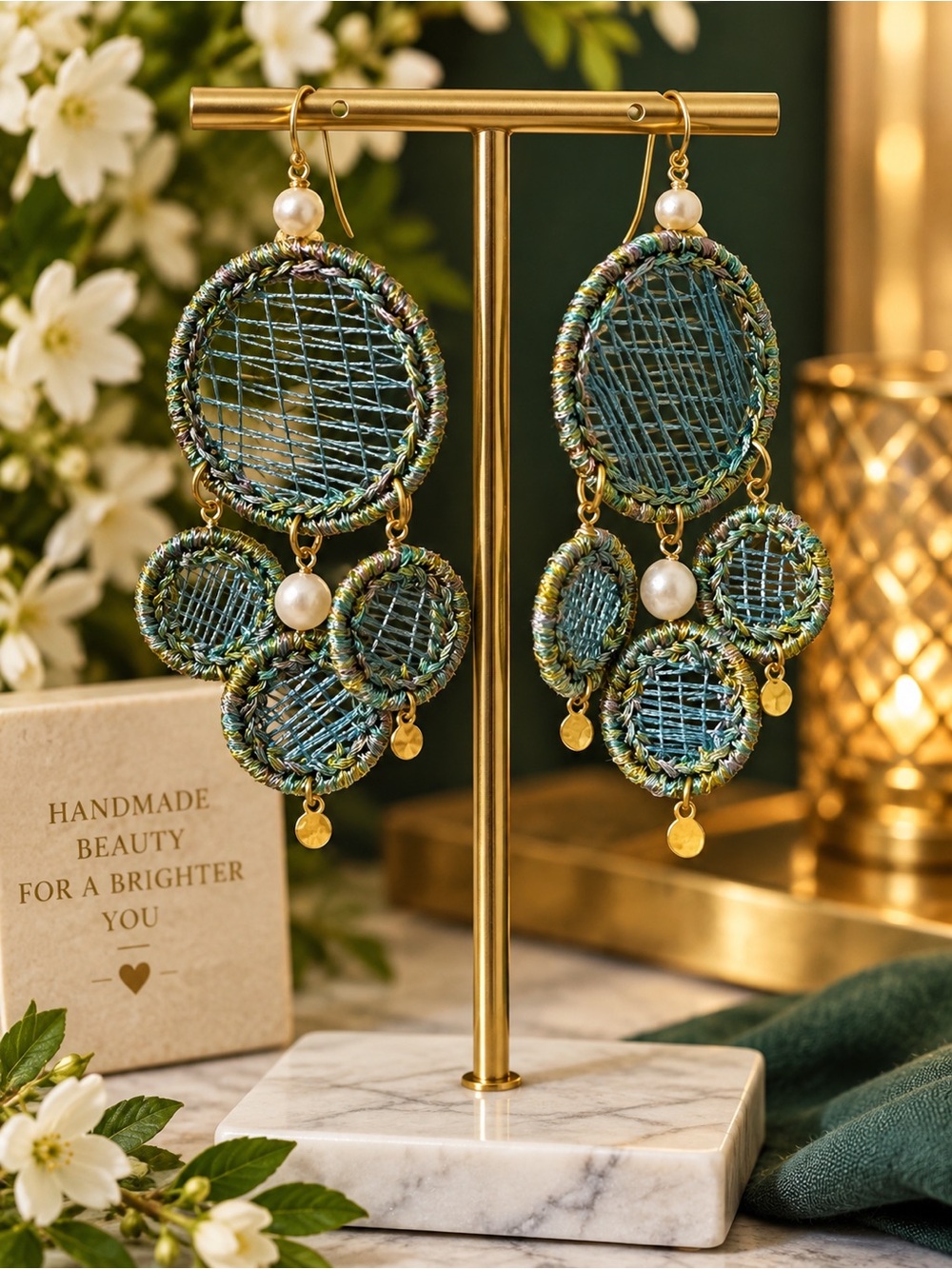Handmade Green Woven Drop Earrings with Pearl Accent